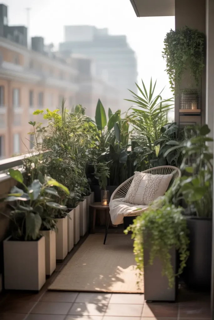 balcony scene with row of tall modern planters filled with lush green plants forming natural privacy wall, soft morning light illuminating leaves, cozy chair with textured cushion, wooden flooring tiles, warm neutral color palette, urban apartment backdrop softly faded, serene botanical atmosphere, lifestyle photography composition, layered greenery textures, calm outdoor living aesthetic, natural soft shadows, inviting peaceful balcony mood.