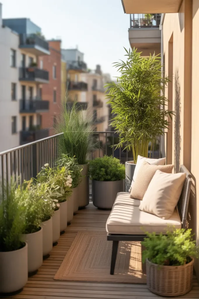 small apartment balcony with tall matte planters lined along railing, filled with lush ornamental grasses, bamboo, and layered green foliage, cozy neutral bench with cream cushions, jute rug, warm wood decking, soft golden afternoon light, apartment city backdrop lightly blurred, elegant feminine styling, intimate atmosphere, clean textures, private yet airy balcony corner, tasteful outdoor decor with realistic shadows and soft natural tones