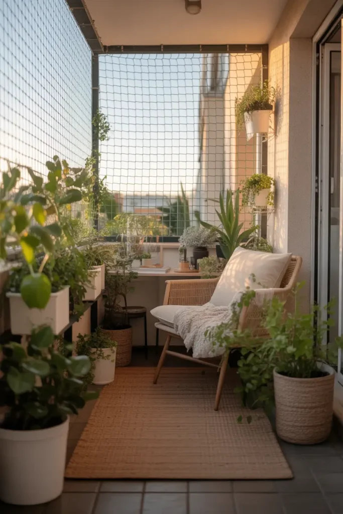 small apartment balcony with secure cat proof netting and tall planters creating soft natural boundaries, warm white pots, leafy green plants, woven outdoor rug, compact lounge chair with cream cushion, late afternoon sunlight, soft shadows, feminine cozy styling, realistic textures, peaceful apartment garden mood, safe pet-friendly layout, airy city balcony, natural layered decor, calm inviting atmosphere, detailed Pinterest home photography with warm tones and soft materials
