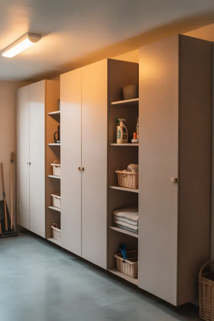 Pinterest style apartment garage with tall matte white utility cabinets placed along one wall, soft warm overhead lighting, smooth concrete floor, small woven baskets inside open cabinet shelves, cleaning supplies and folded cloths neatly arranged, neutral color palette, bright organized atmosphere with cozy minimal styling and natural shadows creating a calm functional storage space.
