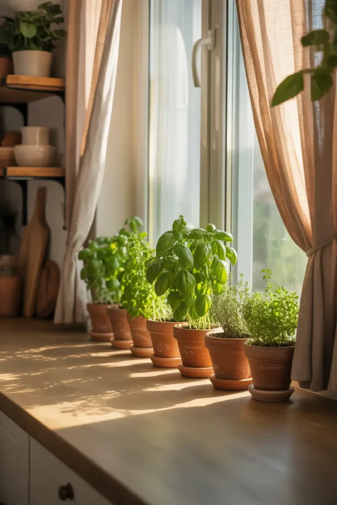 Sunny apartment kitchen window with a row of warm terracotta herb pots placed along a wide windowsill, fresh basil, oregano, and thyme growing in rich soil, soft golden sunlight pouring through sheer curtains, cozy neutral kitchen with wooden shelves, linen textures, gentle shadows from leaves on the wall, realistic Pinterest-style interior photography with calm home atmosphere.
