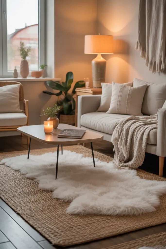 Beautiful Pinterest-style studio apartment living area with layered textured rugs, soft neutral palette with woven jute base rug and fluffy cream rug on top, light sofa with cozy pillows, wooden coffee table with candle and small plant, warm sunlight filling space, soft shadows and relaxed feminine interior styling creating cozy apartment living atmosphere.