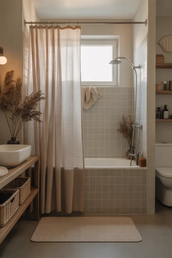 Cozy apartment bathroom featuring textured waffle weave shower curtain in neutral tone, soft diffused lighting, modern tiles, minimal decor styling, warm cozy atmosphere, realistic Pinterest interior photography, cotton bath mat, clean fixtures, airy layout with soft shadows and calming tones creating an inviting modern bathroom setting.