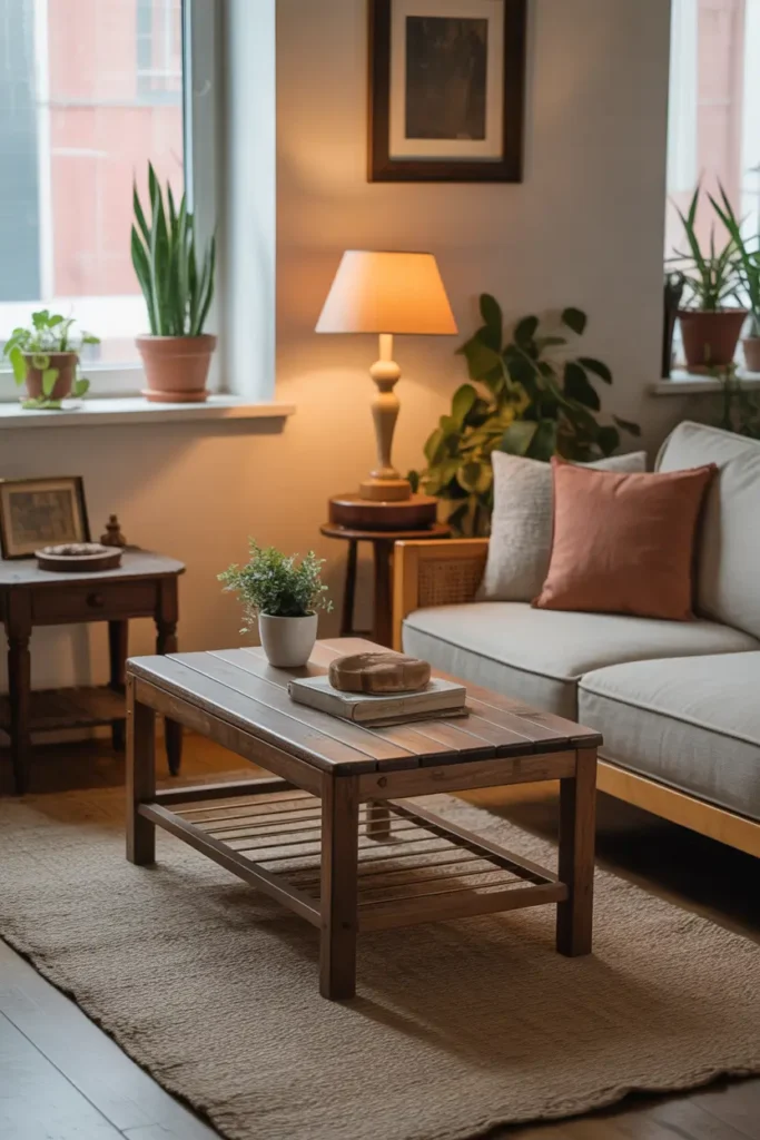 Small apartment with thrifted wooden furniture pieces, slightly mismatched wooden coffee table, vintage side table, warm brown tones, cozy neutral rug, soft window lighting, plants on windowsill, relaxed poor apartment aesthetic, lived in apartment styling, natural textures, Pinterest style realistic interior photography.