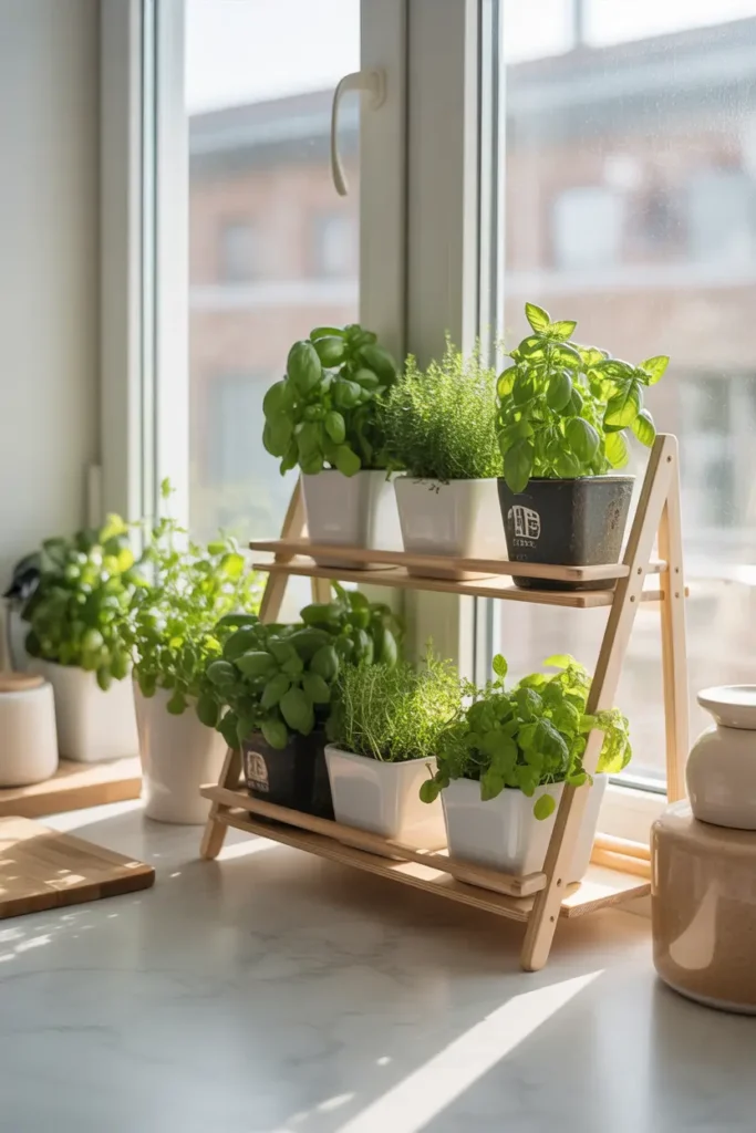 Bright kitchen window with small tiered wooden shelf filled with herb pots, basil, cilantro, and mint growing in simple white planters, sunlight pouring through large window, modern apartment kitchen styling, marble countertop below, soft neutral color palette, cozy bright Pinterest interior aesthetic.