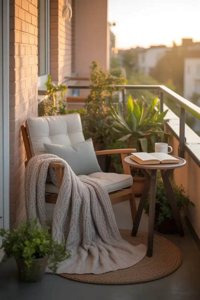 Small apartment balcony turned into cozy reading corner with soft cushioned chair, knitted throw blanket draped over armrest, small wooden side table holding book and tea mug, warm sunlight shining through railing, potted plants placed around seating area, peaceful Pinterest style balcony retreat designed for quiet relaxing moments.