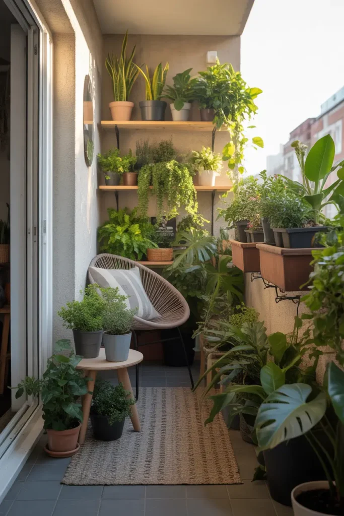 Small apartment balcony transformed into lush mini garden, multiple small potted plants placed on wooden shelves and railing planters, soft morning sunlight illuminating green leaves, compact chair tucked in corner, textured outdoor rug, cozy and vibrant balcony atmosphere with natural greenery creating peaceful urban garden feeling.