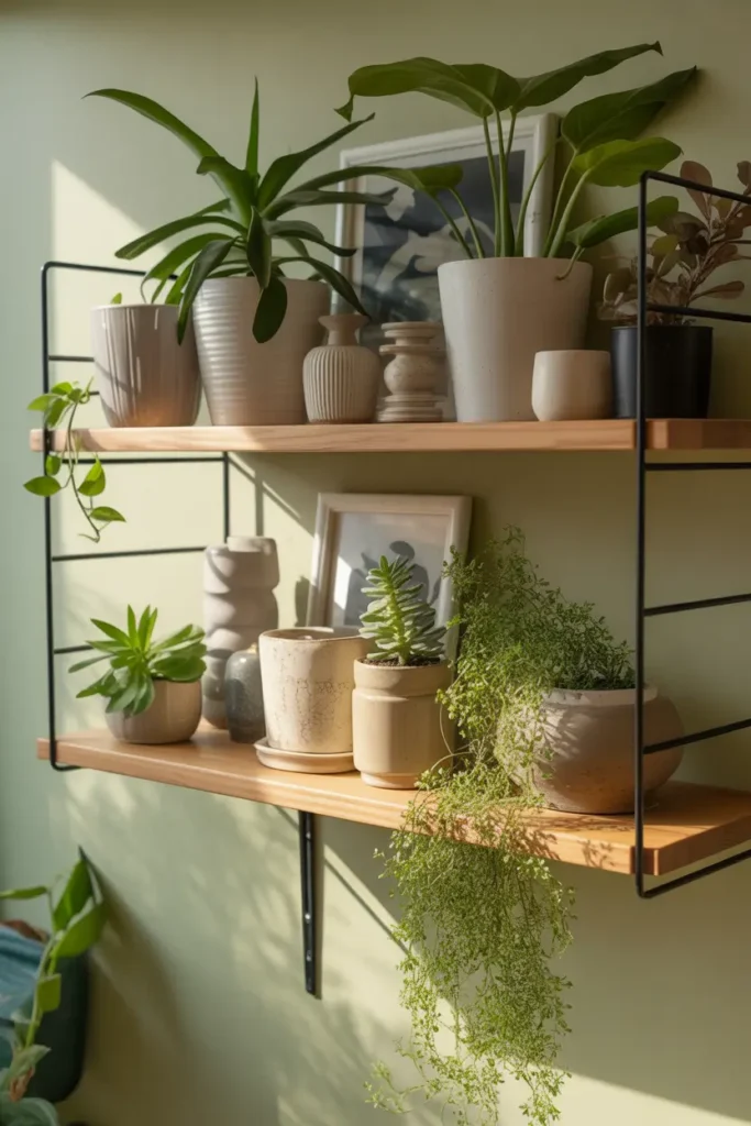 Small apartment shelf filled with tiny potted plants, trailing vines, ceramic pots in neutral colors, warm sunlight touching leaves, wooden shelf mounted on pale wall, cozy apartment styling with soft textures, Pinterest aesthetic indoor plant decor scene
