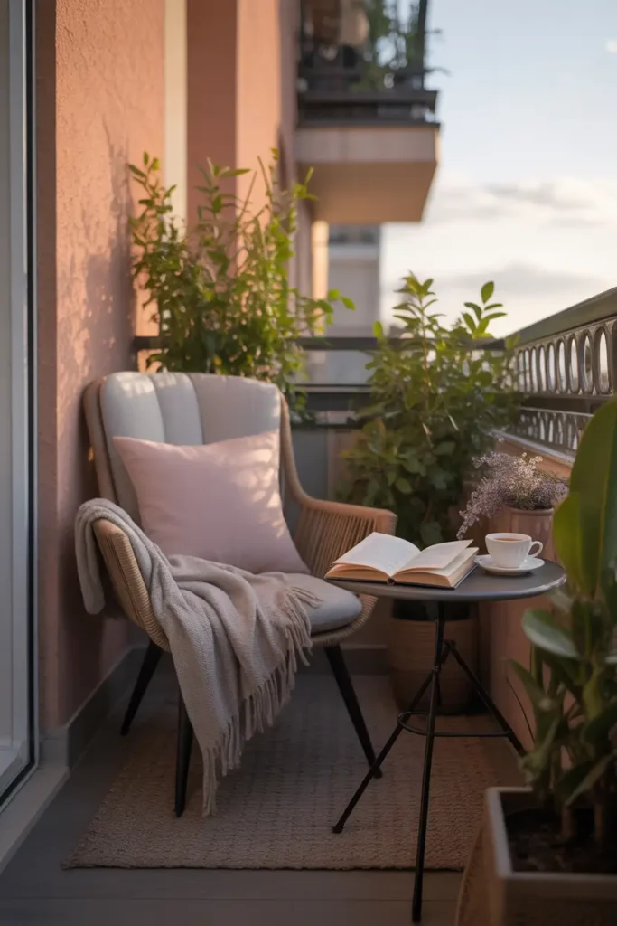 Tiny apartment balcony created as a reading nook with cozy upholstered chair, soft pillow, folded blanket, small side table with open book and tea cup, a few green plants nearby, warm late afternoon light, realistic Pinterest style balcony scene, soft textures, feminine cozy styling, calm intimate apartment atmosphere, gentle shadows, and peaceful outdoor corner designed for rest and quiet moments
