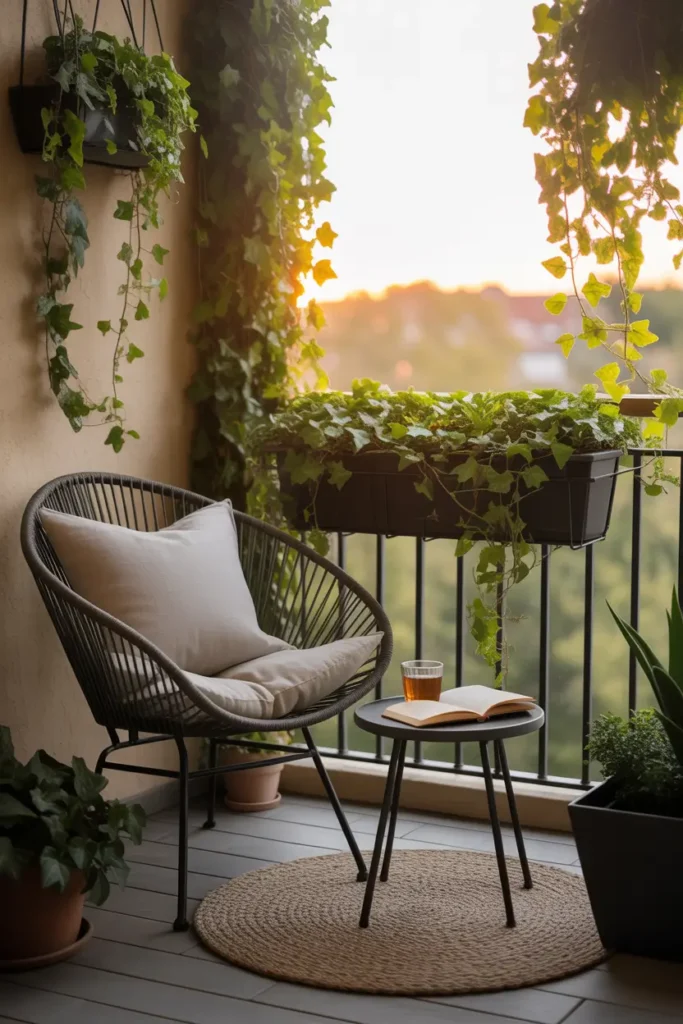 Apartment balcony railing covered with thick trailing ivy spilling from planter boxes, cozy chair with linen cushion, small side table with book and glass of tea, soft golden sunset light filtering through leaves, Pinterest-style balcony garden scene filled with calm green textures.