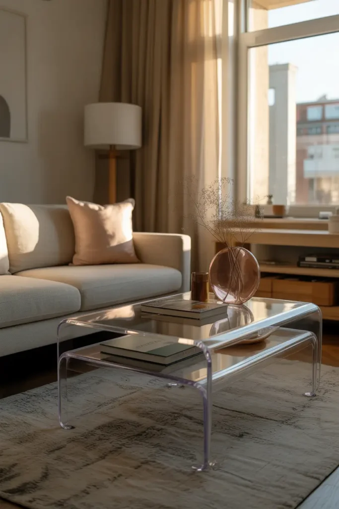small apartment living room featuring transparent acrylic coffee table, neutral sofa, soft textured rug, warm sunlight illuminating space, minimal decor styling, airy modern aesthetic, realistic interior photography capturing light reflections and open visual flow, calm cozy mood emphasizing visually light furniture in compact layout.