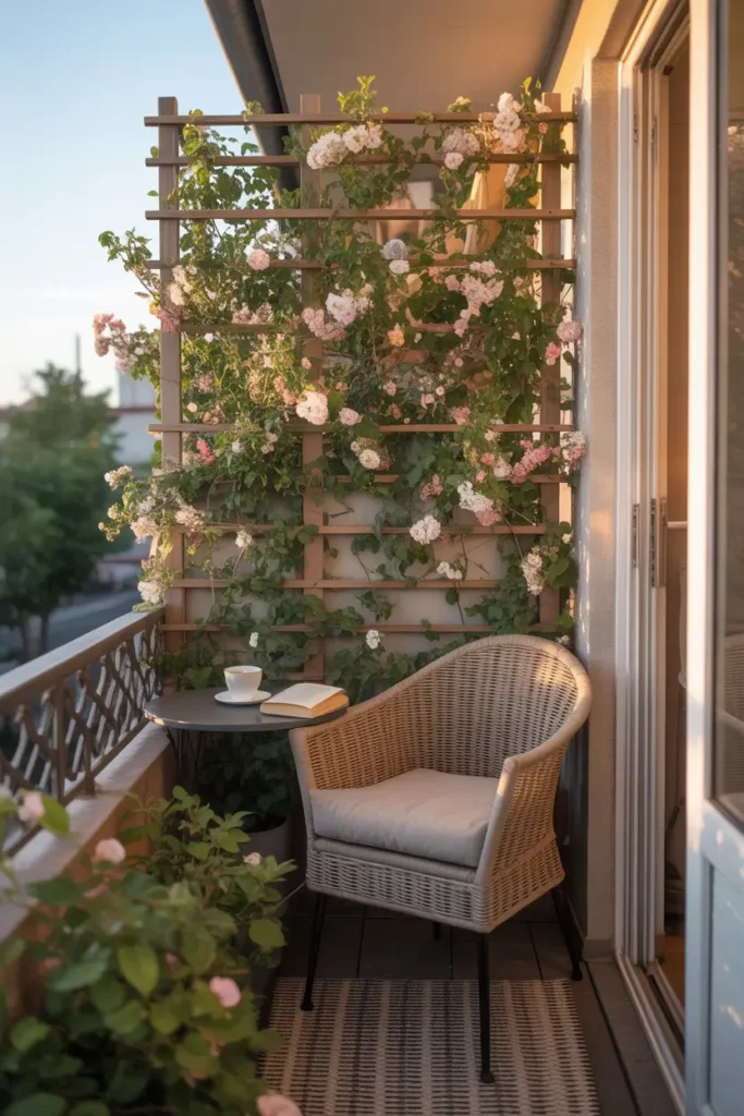 Small apartment balcony with slim wooden trellis attached to railing, delicate flowering vines climbing upward with soft pink and white blooms, cozy wicker chair with neutral cushion, tiny round table holding tea cup and paperback book, warm golden afternoon light touching leaves and petals, textured outdoor rug under chair, peaceful Pinterest-style balcony scene with calm garden mood.