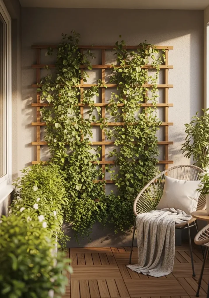 Apartment patio wall with a wooden trellis covered in climbing plants and soft green vines, warm sunlight touching the leaves, cozy outdoor chair with light knit throw placed nearby, wooden deck floor and neutral tones creating a gentle feminine garden atmosphere perfect for Pinterest style outdoor inspiration.