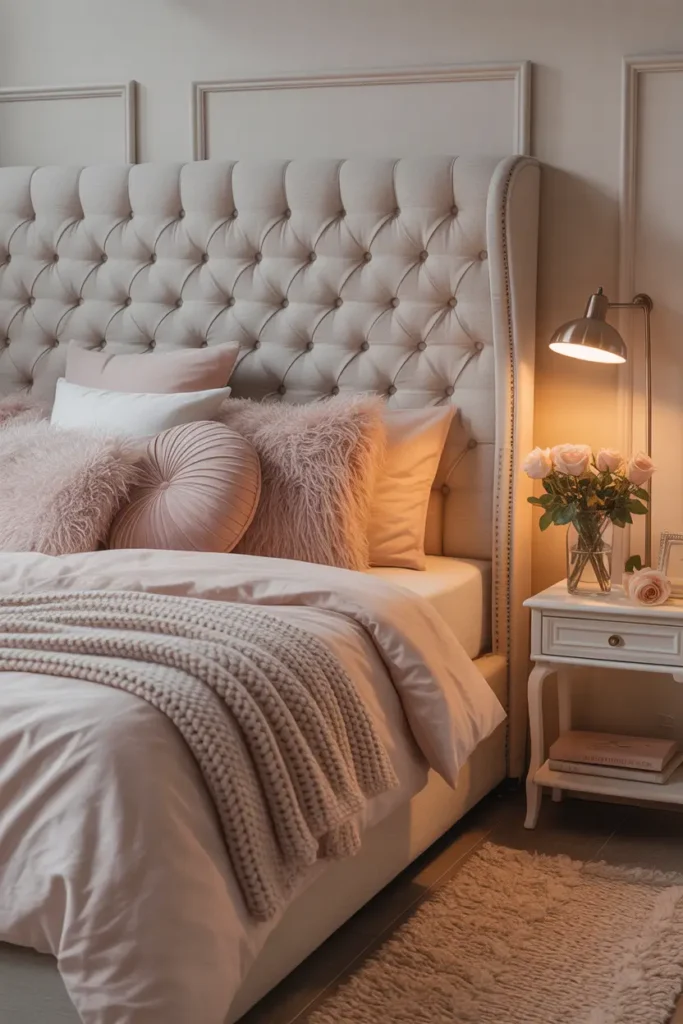 Feminine dream apartment bedroom with tall tufted upholstered headboard in soft cream fabric, plush bedding in blush and ivory tones, fluffy pillows stacked neatly, warm bedside lamp glow, small white nightstand with fresh roses in glass vase, textured knit throw blanket across bed, cozy neutral rug, romantic Pinterest style interior photography with soft lighting and delicate feminine atmosphere.