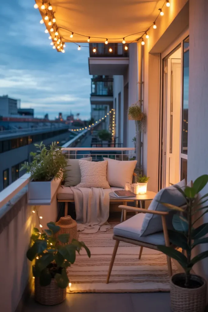 small apartment balcony at night with warm twinkle lights tracing the ceiling edge, compact seating with beige cushions, soft textured throw, slim table, leafy potted plants, light woven rug, apartment walls close together, realistic city evening backdrop, gentle shadows, cozy feminine styling, airy glowing atmosphere, layered warm light, intimate small-space decor, inviting and peaceful balcony scene with natural home details