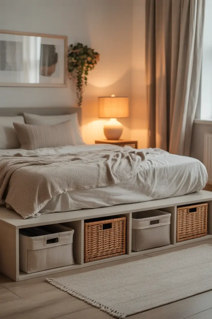 Cozy studio apartment sleeping area with platform bed lifted slightly above floor, stylish woven baskets and soft fabric storage bins neatly arranged underneath, warm bedside lamp lighting, textured neutral bedding, light wooden floor, soft linen curtains nearby, Pinterest-style interior scene showing organized and cozy small apartment bedroom atmosphere.