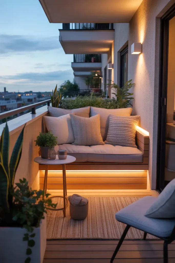 narrow apartment balcony with warm hidden under bench lighting casting a soft glow below built-in seating, beige cushions, textured throw pillows, light wood accents, slim side table, potted plants, modern outdoor rug, intimate evening apartment setting, realistic lighting and shadows, feminine cozy decor, clean small-space styling, calm city view, layered warm atmosphere, polished but comfortable balcony nook with inviting home feel.