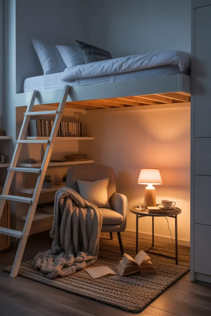 Small loft apartment reading nook under loft bed platform, cozy armchair with knit blanket, small side table with books and tea cup, warm table lamp glowing softly, textured rug, neutral tones, calm evening lighting, compact yet inviting space, Pinterest style interior photography showing cozy hidden reading spot inside loft apartment.