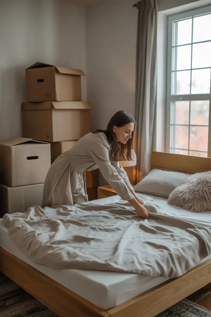 Cozy Pinterest style bedroom scene showing woman placing fresh white sheets on bed during move in day, soft natural light from window, simple wooden bed frame, moving boxes stacked near wall, neutral linen bedding, fluffy pillows, calm relaxing atmosphere, realistic lifestyle interior photography with soft textures and warm tones.