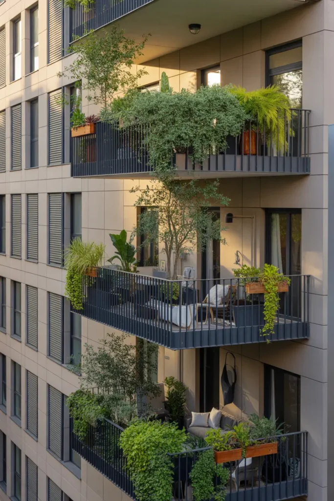  Urban apartment building with balconies filled with lush plants and small trees, modern neutral exterior walls, black metal railings, warm natural sunlight highlighting greenery, cozy outdoor seating visible, stylish Pinterest style architectural photo showing vibrant plant life against modern city building.