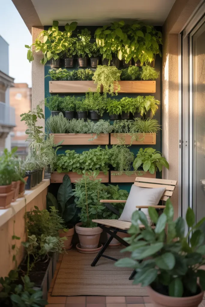 Small apartment balcony featuring vertical garden wall filled with leafy plants and herbs, wooden plant shelves attached to wall, terracotta pots with lush greenery, soft morning sunlight illuminating leaves, cozy outdoor chair placed beside garden wall, natural textures and earthy tones creating peaceful Pinterest style balcony garden setting.
