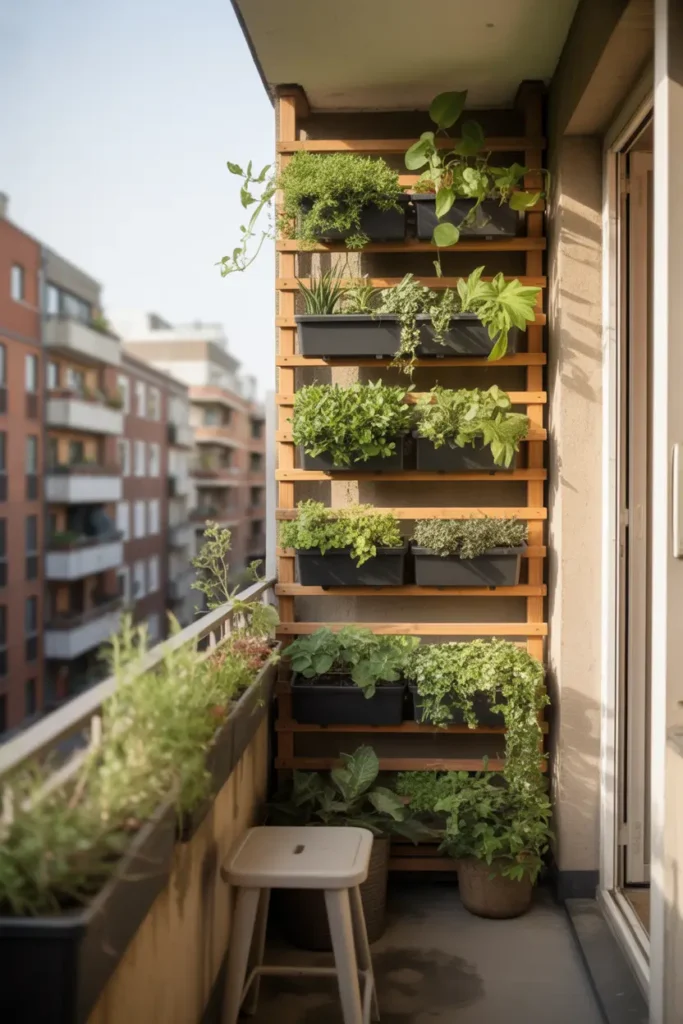 Small apartment balcony featuring vertical garden wall with hanging planters and trailing greenery, wooden plant ladder filled with leafy plants, warm natural sunlight touching plant leaves, compact balcony floor with small stool for seating, urban apartment buildings in background, cozy garden feeling balcony design, soft shadows, natural wood textures, Pinterest style realistic balcony photography
