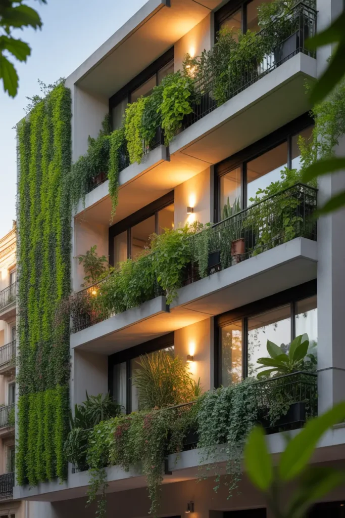 Apartment exterior with vertical green plant wall covering sections of facade, neutral concrete walls, balconies filled with plants, warm outdoor lighting highlighting greenery, modern urban architecture with natural touches, soft sunset light on leaves, cozy eco friendly apartment design, realistic Pinterest inspired architectural photography.