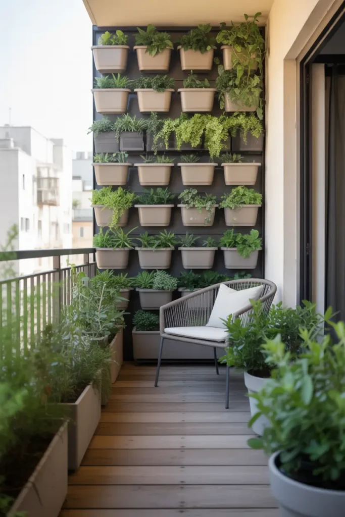 Small apartment patio with vertical plant wall mounted on balcony wall, rows of leafy green plants and trailing vines in neutral planters, cozy chair placed nearby, soft daylight illuminating greenery, natural wood textures and light stone flooring, refreshing urban balcony garden aesthetic perfect for Pinterest inspiration.