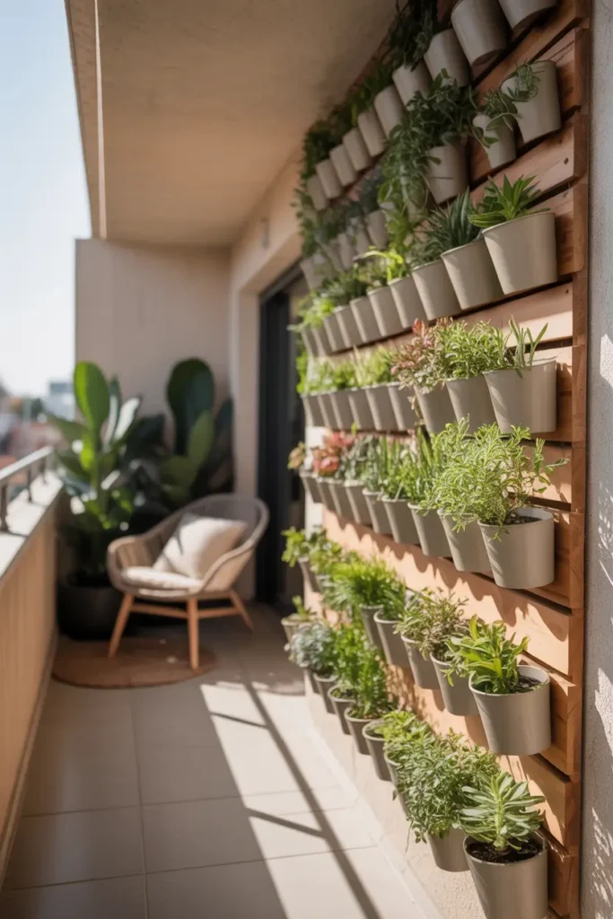 Modern apartment balcony with vertical wooden plant wall filled with small leafy plants in neutral pots, soft afternoon sunlight casting gentle shadows, light concrete floor, cozy chair with cushion nearby, warm earthy color palette, Pinterest style garden corner, fresh greenery arranged in vertical pattern, relaxing urban balcony atmosphere with stylish plant display.