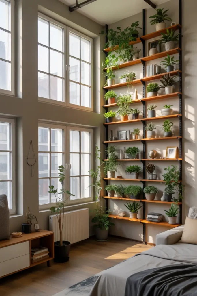 Small loft apartment interior with vertical plant wall made of hanging planters and wooden shelves, lush green plants climbing upward toward high ceiling, soft sunlight from tall windows, warm wood floor, minimal furniture, cozy neutral decor, Pinterest style realistic interior photography with fresh natural atmosphere.