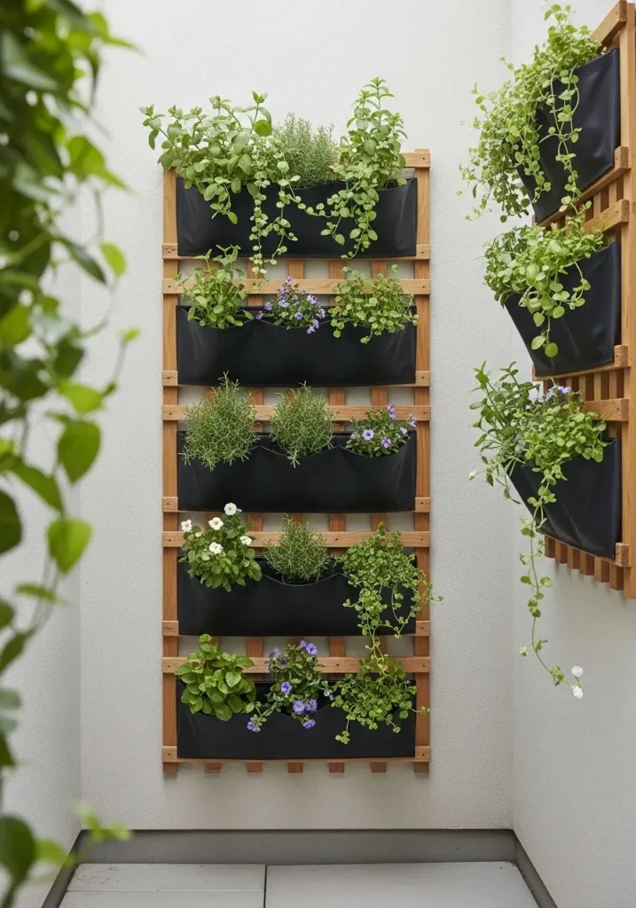 Cozy apartment patio with a vertical garden wall filled with lush green plants in wooden and white wall planters, soft morning sunlight hitting leaves, small rattan chair with a cream cushion nearby, warm neutral tones, light wooden flooring, soft shadows, peaceful Pinterest-style outdoor space with natural textures and relaxed apartment patio styling.