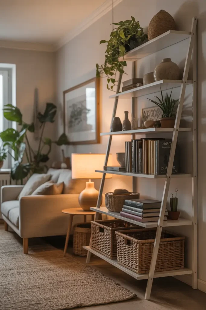 small apartment living room featuring tall ladder shelf against neutral wall, styled with books, woven baskets, ceramic decor, indoor plants, warm natural lighting, cozy sofa nearby, textured rug, Scandinavian-inspired styling, realistic photography with airy composition, soft shadows, warm beige palette highlighting vertical storage solution in compact living space.