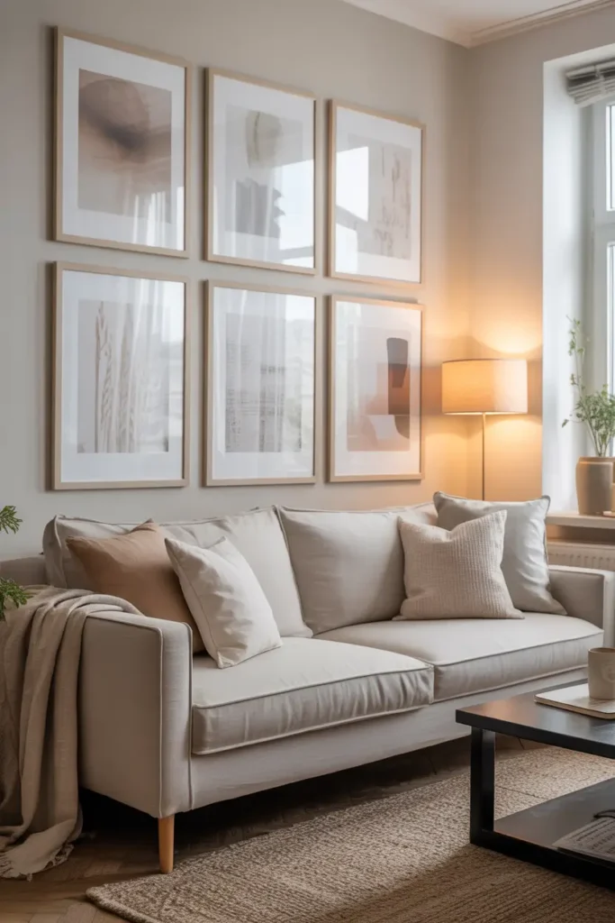 small apartment living room featuring vertical wall art arrangement above neutral sofa, soft abstract prints in light frames, warm natural window light, cozy textured cushions, minimalist Scandinavian styling, realistic interior photography with airy composition and balanced spacing emphasizing height and openness.