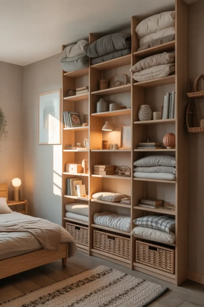 Tiny micro studio apartment wall fitted with tall vertical storage shelves reaching close to ceiling, light wood shelving filled with neatly folded blankets, small books, ceramic decor pieces, and woven baskets for hidden storage, warm sunlight entering through nearby window, soft neutral walls, cozy textured rug on wooden floor, Pinterest-style realistic apartment interior with calm and organized atmosphere.