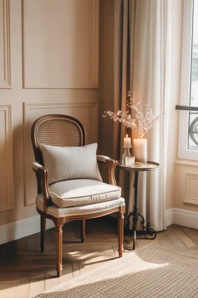 Tiny Parisian apartment corner with vintage wooden chair, linen cushion, small side table with candle, pale wall molding behind chair, natural sunlight filling the space, cozy feminine Paris apartment styling captured in Pinterest photography.