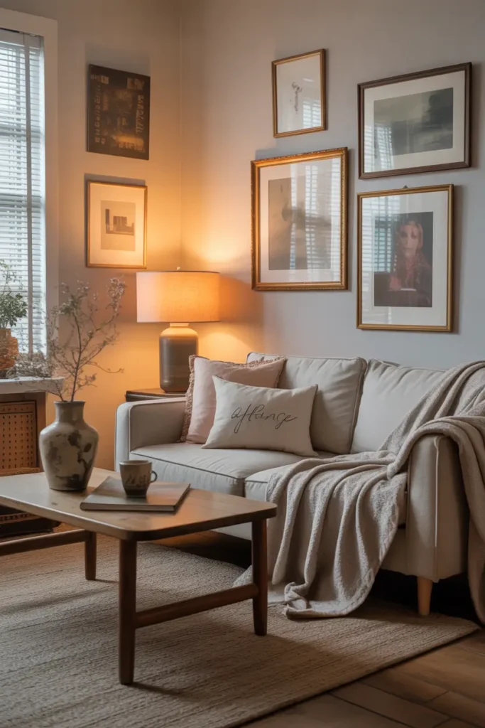 Small apartment living room styled with vintage decor pieces, old framed artwork, thrifted ceramic vases, wooden coffee table, cozy neutral sofa with blanket, warm lamp glow, relaxed poor apartment aesthetic interior, slightly imperfect decor arrangement, Pinterest style realistic home photography with soft textures.
