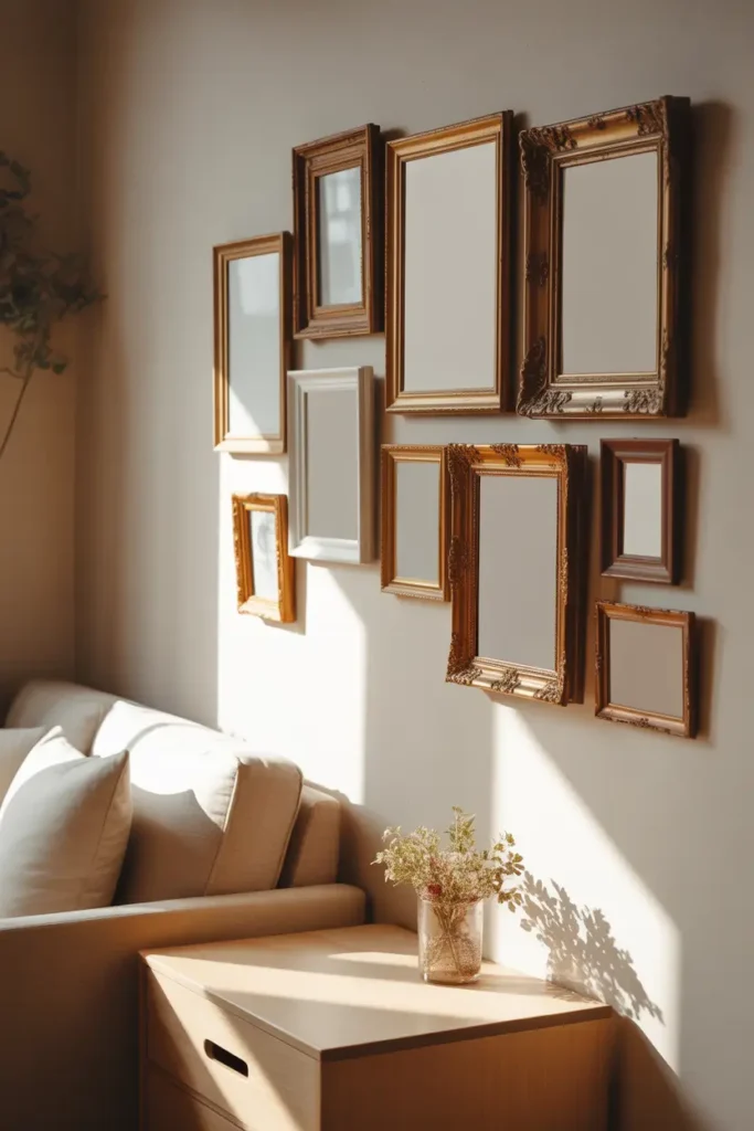 Charming Pinterest style apartment wall decorated with vintage frame collection, empty antique frames in gold and wood finishes arranged artistically on soft neutral wall, warm afternoon sunlight entering room, wooden side table below frames, small vase with flowers, cozy vintage inspired apartment interior.