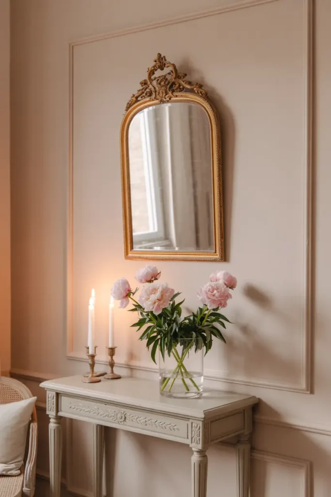 Elegant Paris apartment wall with vintage gold ornate mirror above small console table, soft beige walls with subtle molding, candle holders, fresh peonies in glass vase, warm afternoon sunlight reflecting softly, classic French styling, minimal decor, cozy feminine apartment aesthetic, soft shadows, Pinterest inspired interior scene.