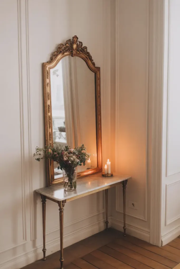 Tiny Parisian apartment corner with ornate vintage gold mirror leaning against white wall, small marble console table, soft candle light glow, delicate wall molding, pale wooden flooring, bouquet of fresh flowers in glass vase, cozy romantic Paris interior styling, soft natural window light, elegant feminine apartment aesthetic, Pinterest interior photography style.