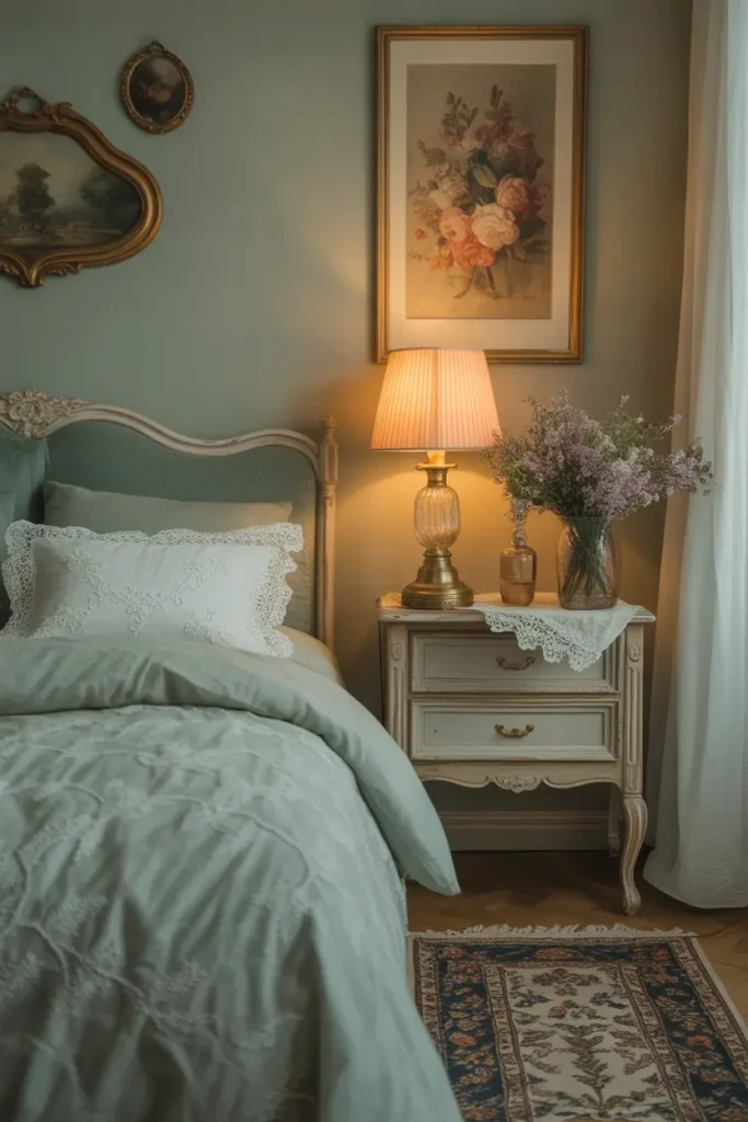 Romantic apartment bedroom with vintage inspired soft green bedding, delicate lace pillowcases, antique style wooden nightstand, warm lamp light, floral artwork, cozy rug, soft sunlight entering window creating peaceful feminine bedroom scene.