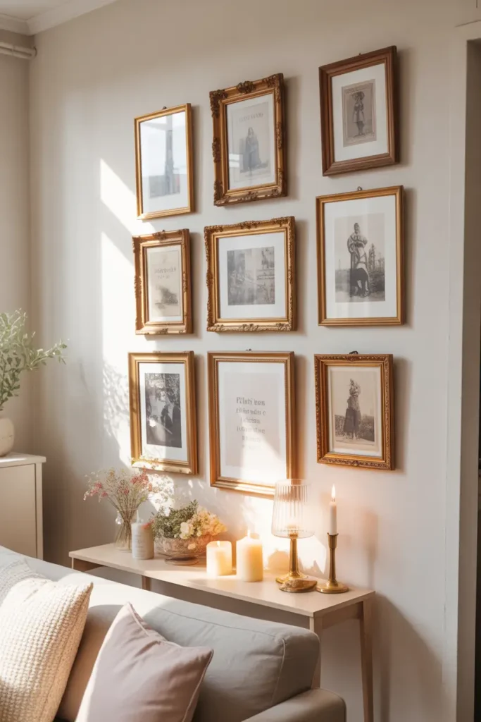 Tiny Parisian apartment wall decorated with vintage framed art prints, delicate gold and wooden frames arranged casually, pale neutral wall color, warm natural sunlight, small console table beneath frames with candles and flowers, cozy feminine Paris apartment styling captured in Pinterest interior photography.