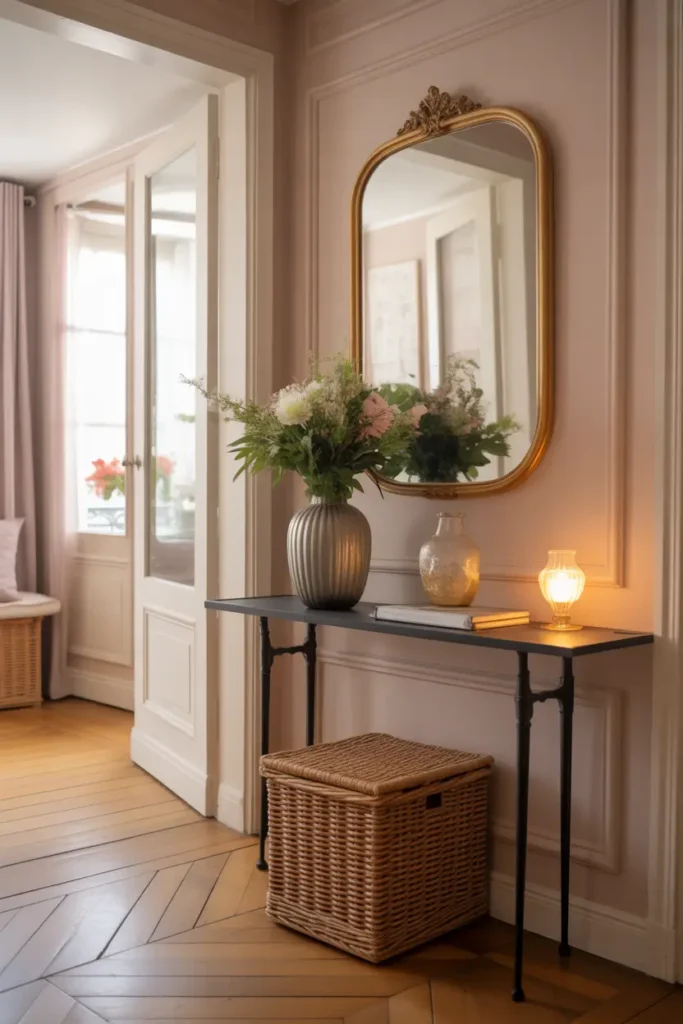 Small Paris apartment entryway with narrow console table, vintage oval mirror with gold frame, ceramic vase with fresh flowers, warm wooden floor, soft cream walls with molding, sunlight entering from nearby window, cozy feminine apartment entrance styling, Pinterest style interior photography.