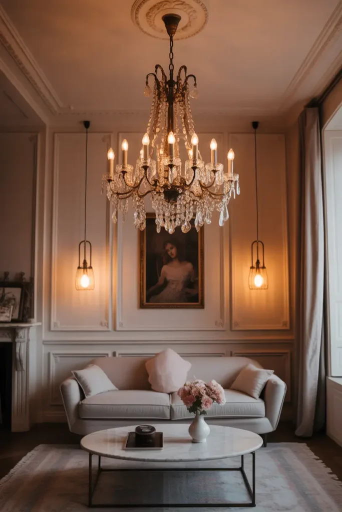 Elegant Paris apartment room with vintage chandelier hanging from ceiling, warm glowing bulbs, cream walls with molding, soft sofa below, marble coffee table, evening atmosphere with gentle warm light, feminine cozy interior styling, Pinterest style photography.