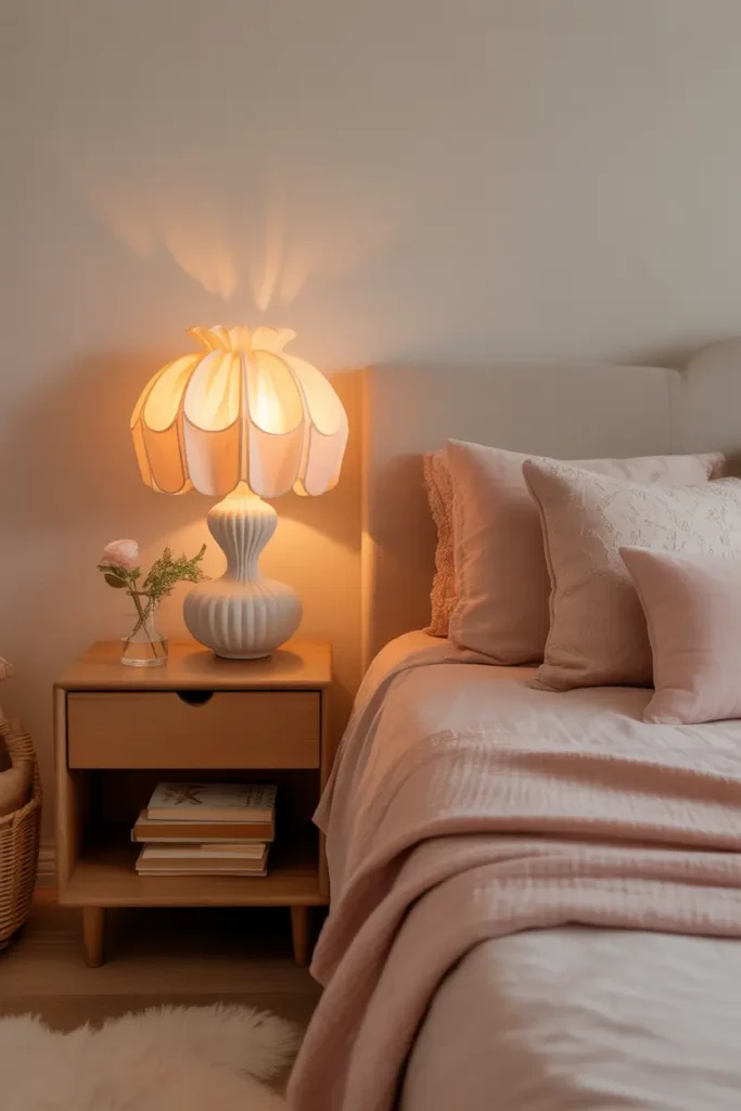 Cozy feminine bedroom with vintage inspired bedside lamps featuring soft fabric shades and warm golden light, wooden nightstand with stacked books and small flower vase, blush bedding with textured throw blanket, neutral wall tones, fluffy rug beside bed, romantic Pinterest aesthetic interior with warm lighting and delicate feminine decor details.