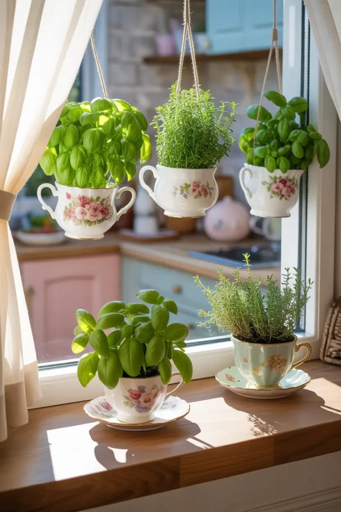 Charming apartment window filled with vintage teacups used as herb planters, delicate floral cups holding small basil and thyme plants, bright sunlight streaming through white curtains, cozy cottage-inspired kitchen with pastel tones, wooden windowsill, soft morning light creating warm reflections, Pinterest-style interior photography with romantic home feeling.