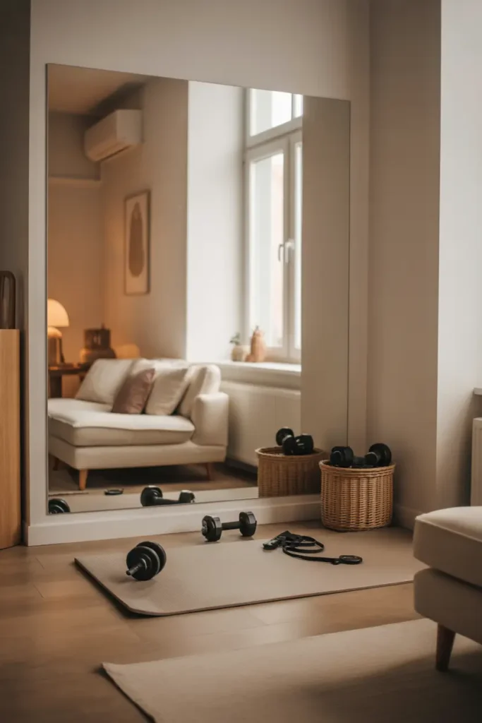 modern apartment gym corner with large full wall mirror reflecting soft daylight, small neutral workout mat on wooden floor, minimal dumbbells and resistance bands neatly placed in woven basket, bright airy apartment interior with white walls and light wood furniture, cozy natural lighting from tall window, stylish minimalist decor, calm fitness space integrated into living room, Pinterest style interior photography with warm tones and relaxed home atmosphere.