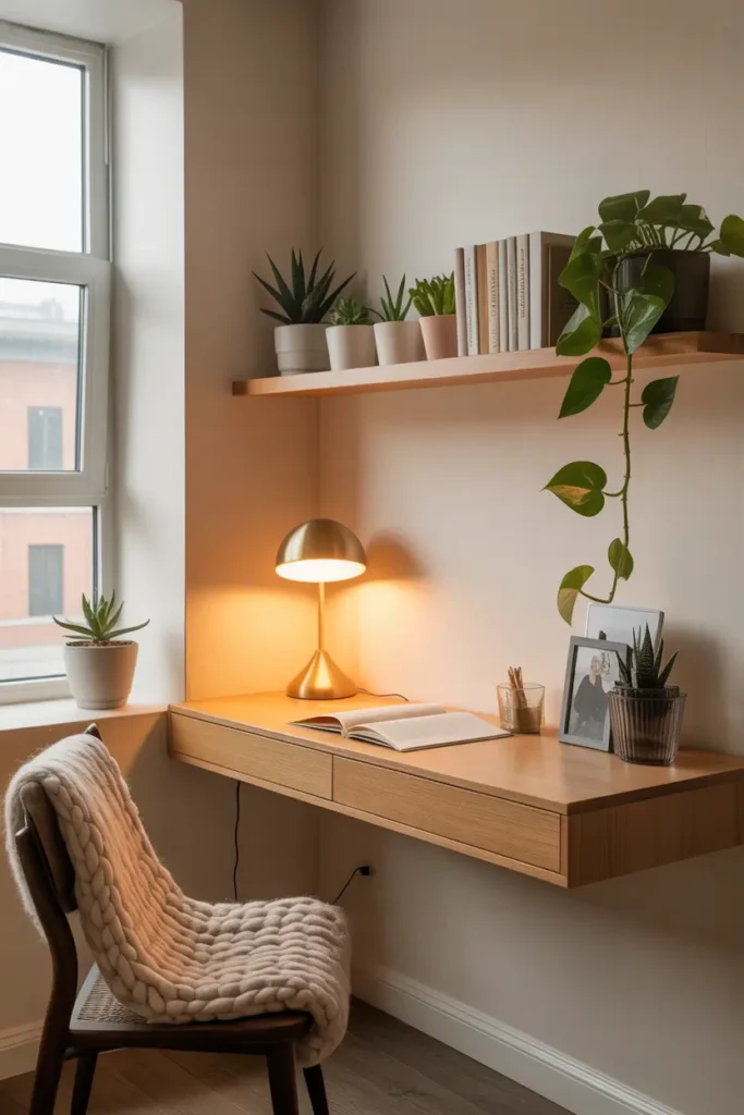 Small loft apartment workspace with wall mounted floating desk, slim wooden shelf above with plants and books, soft desk lamp glowing, neutral wall colors, cozy chair with textured cushion, natural light from nearby window, minimal clutter, warm Pinterest style interior photography capturing calm productive workspace inside loft apartment.