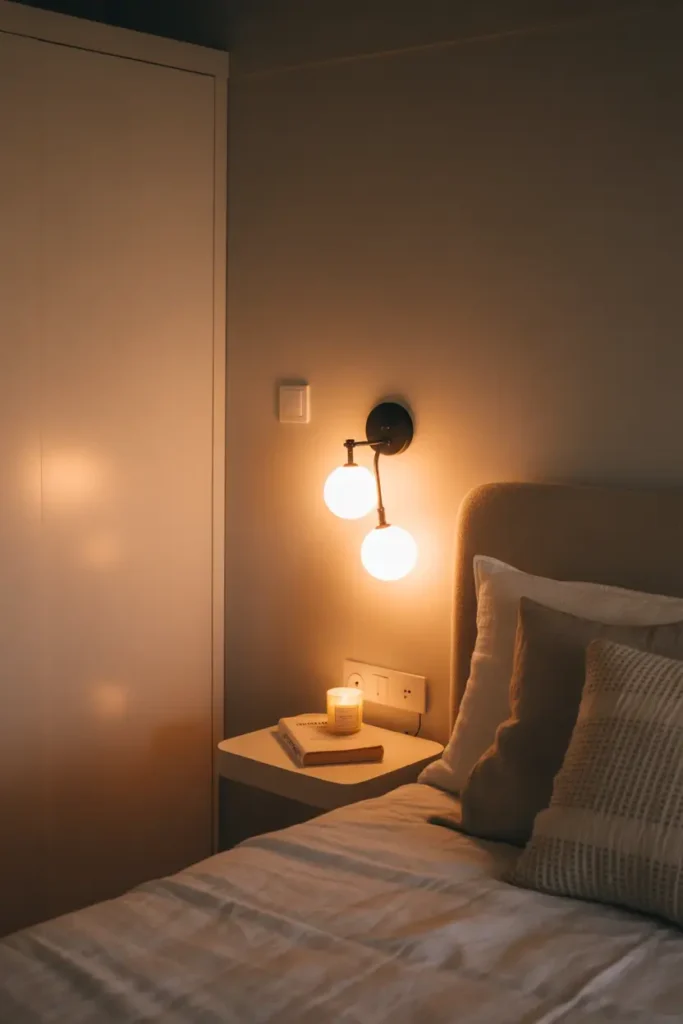 Micro studio apartment with wall mounted sconces beside bed, warm soft lighting glowing across neutral walls, minimal bedside shelf holding book and small candle, linen bedding layered with textured pillows, calm evening atmosphere captured in cozy Pinterest apartment interior scene.
