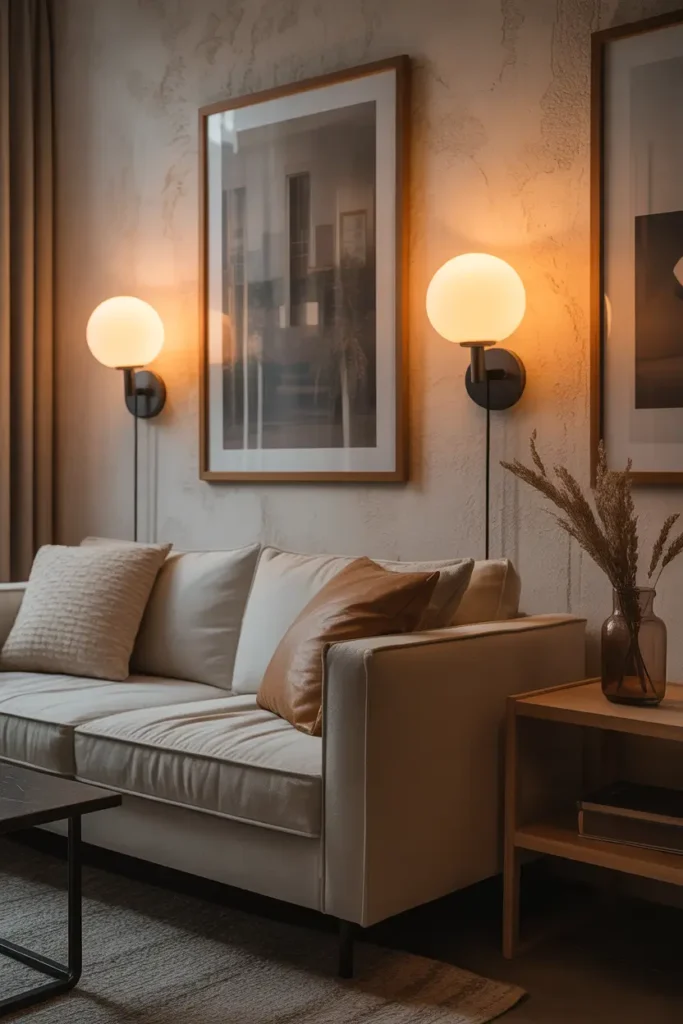 small apartment living room featuring wall-mounted sconces beside neutral sofa, warm glowing light casting soft shadows on textured wall, cozy layered cushions, light wood accents, minimalist decor styling, realistic interior photography with balanced lighting and airy modern apartment atmosphere.
