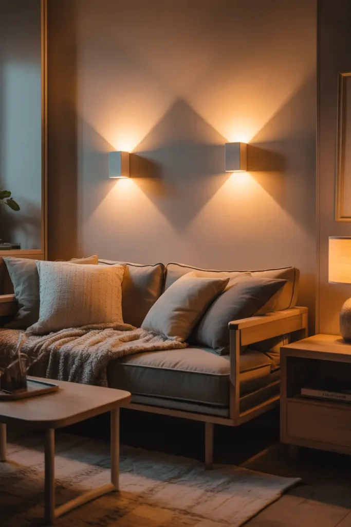 small apartment living room with modern wall mounted sconces above a compact sofa, warm ambient lighting casting soft glow on neutral walls, cozy layered cushions, textured throw, light wood furniture, minimal decor, evening atmosphere with golden lighting tones, realistic interior photography showing calm cozy mood, balanced layout, soft shadows, and elegant small-space styling emphasizing open floor area.